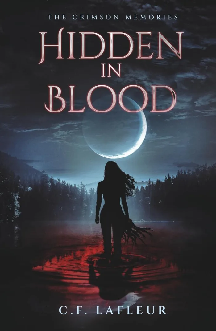 A woman standing on a red lake with a moon crescent.