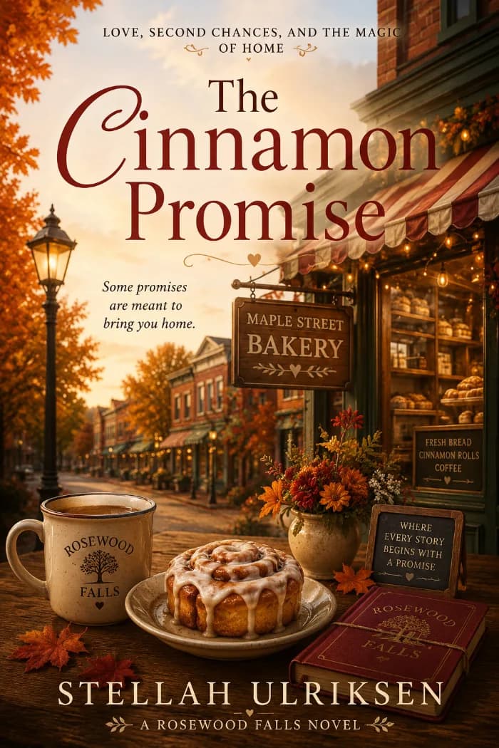 A vintage autumn book cover showing Maple Street Bakery along a charming small-town street, with golden autumn leaves, a steaming cup of coffee and a freshly iced cinnamon roll in the foreground. The title reads The Cinnamon Promise by Stellah Ulriksen.