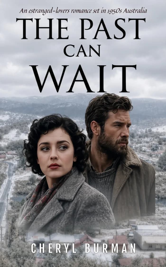 A man and a woman looking away from each other, set against the backdrop of a small town and snowy mountains
