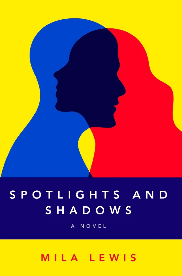 Bold graphic design on a bright yellow background, featuring overlapping blue and red silhouettes of a man and woman facing each other, their intersection forming a dark shadow. The title appears in white on a navy band, with the author’s name in red below.