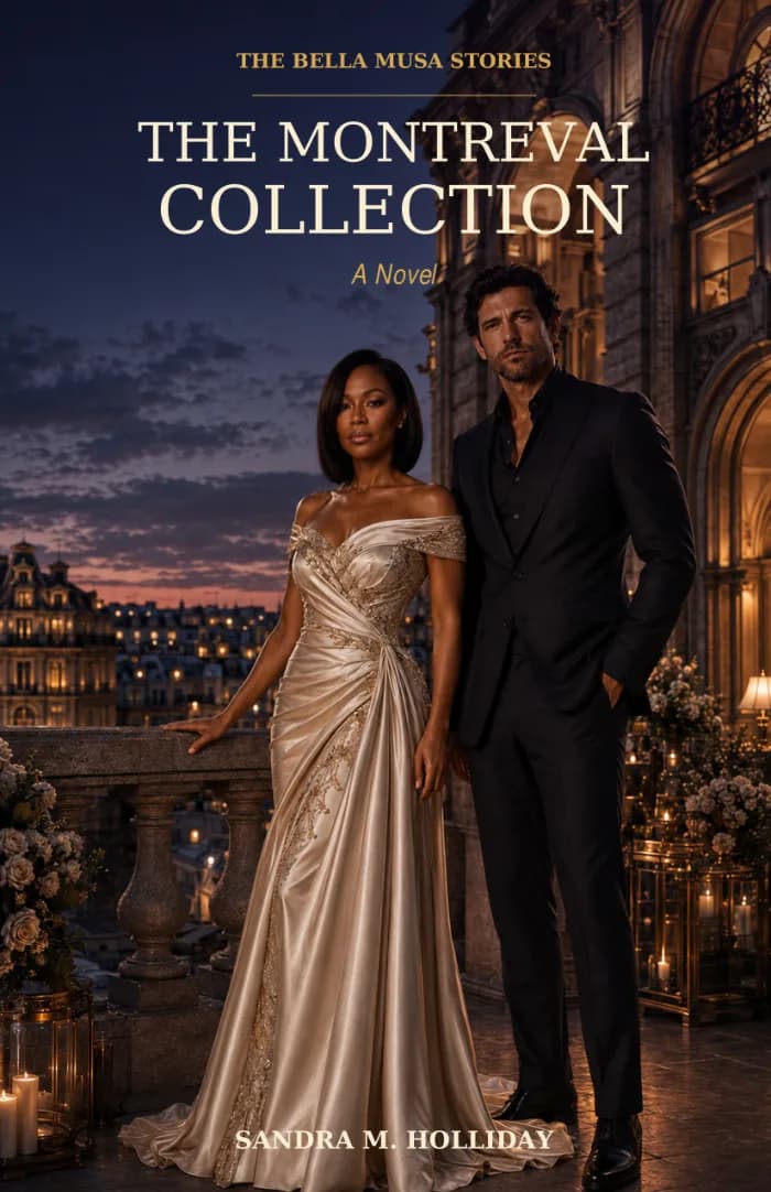An elegant Black woman in an ivory-and-gold gown stands beside an Italian man in a black suit on a grand terrace overlooking a luminous city at dusk. The architectural setting and rich navy, ivory, and gold tones convey romance, partnership, power, and legacy.