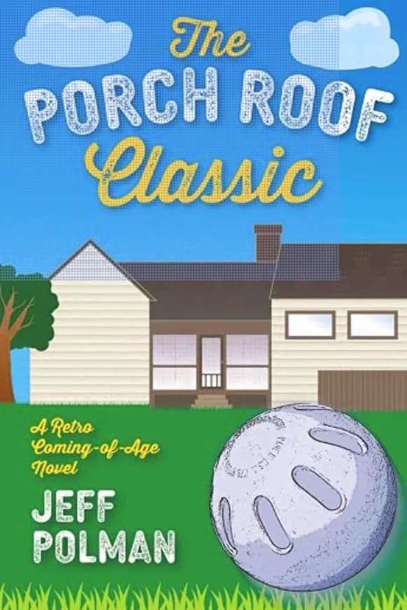 Clouds and blue sky over a suburban house with a wiffle ball on the grass