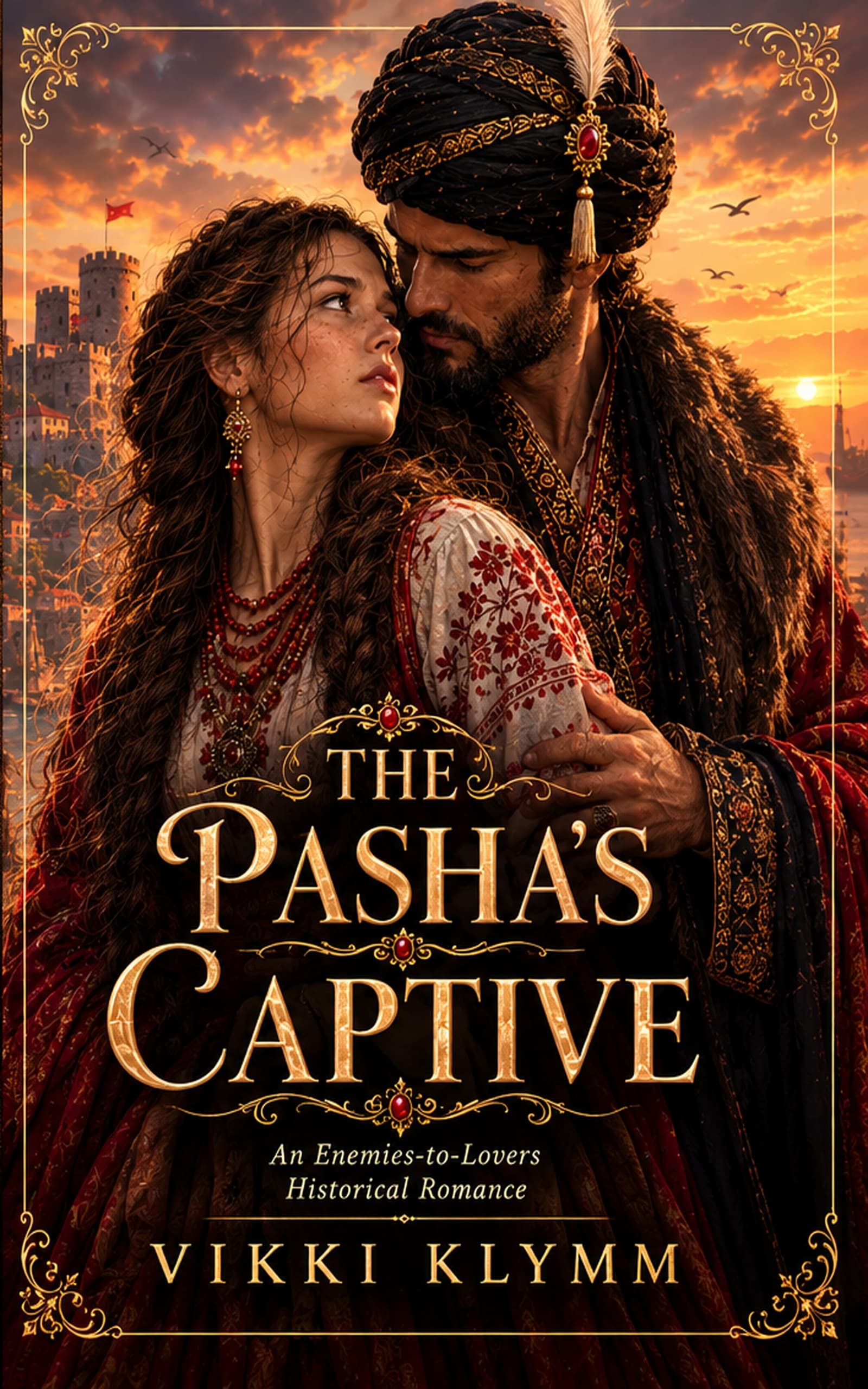 A dark-haired young woman in an embroidered blouse held close by a turbaned nobleman, with a fortress city glowing at sunset behind them.