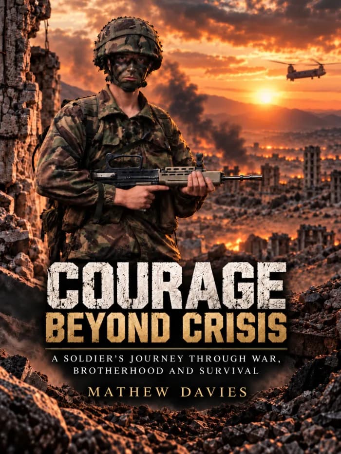 A dramatic military fiction book cover featuring a British soldier carrying a rifle, with a military Chinook helicopter in the background. The atmosphere is serious and cinematic, reflecting courage, conflict, sacrifice and the lasting impact of war.