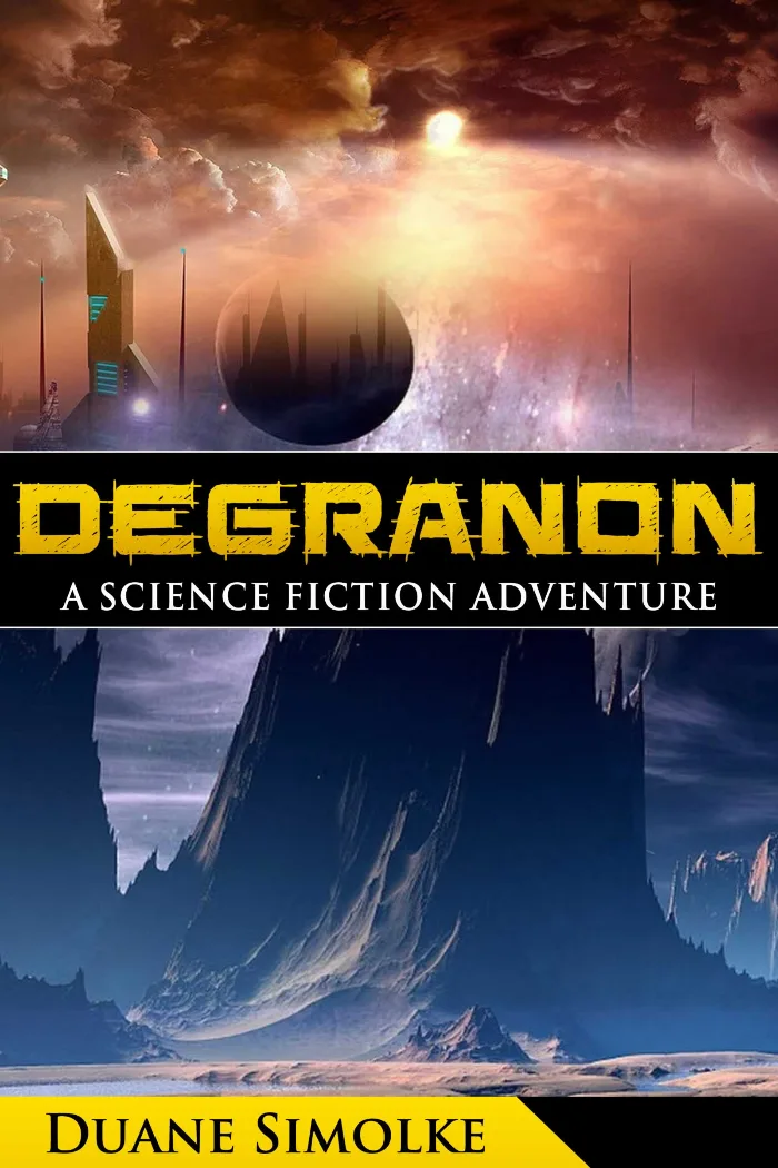 Lights and planets above a mountain. Title: Degranon: A Science Fiction Adventure.