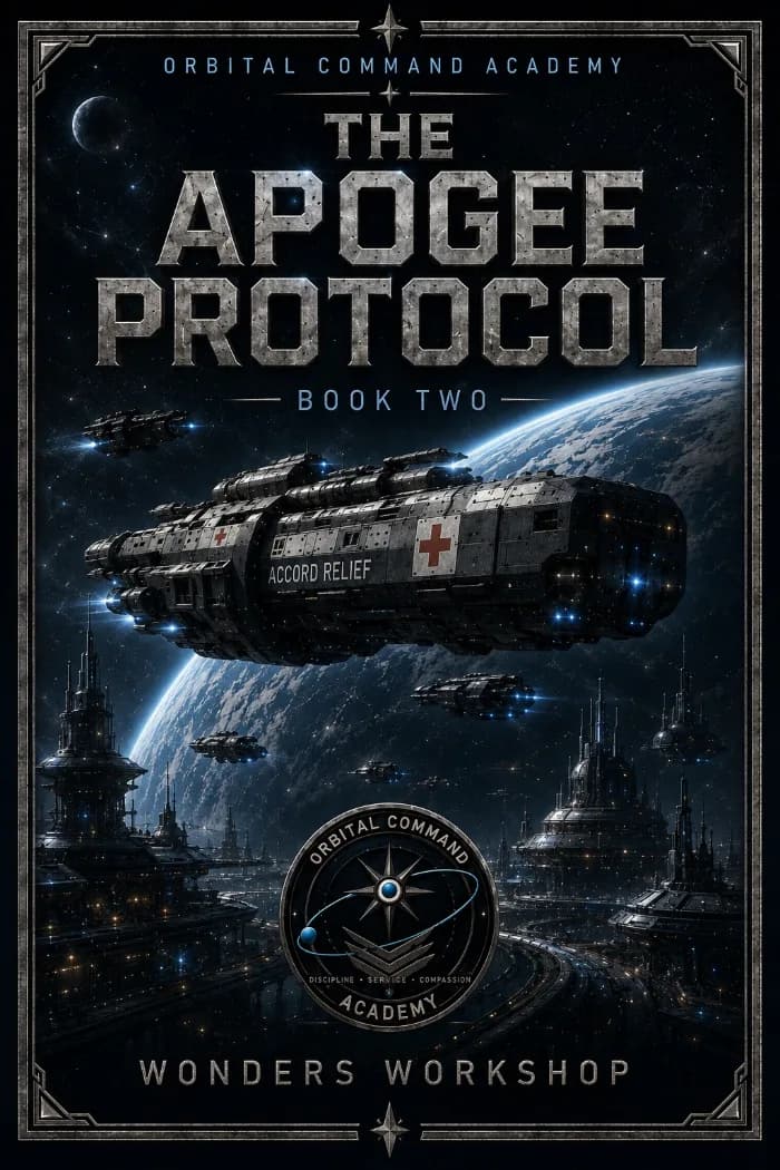 A cinematic military science fiction cover featuring a futuristic orbital academy and spacecraft against the darkness of space, with a dramatic blue and black palette and a tense atmosphere of military deployment. The design evokes space opera, frontier conflict, humanitarian intervention,
