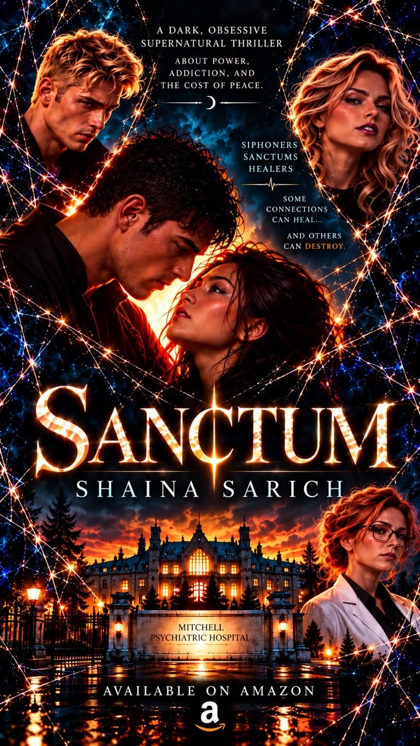 A dramatic dark fantasy cover set against a black, blue, and fiery orange background filled with glowing, web-like energy. Several characters surround a central couple, creating a tense, supernatural atmosphere. The title Sanctum appears in large glowing gold lettering, with the author name Shaina S