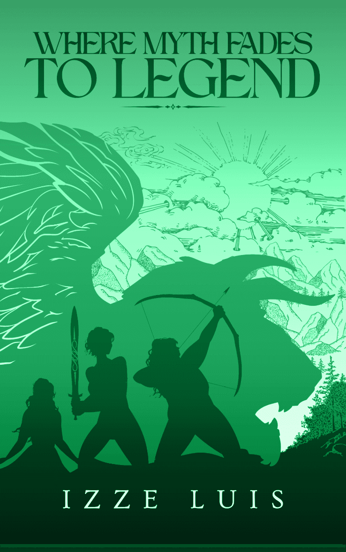 The silhouette of the three sisters against the backdrop of a manticore with a forest behind them.