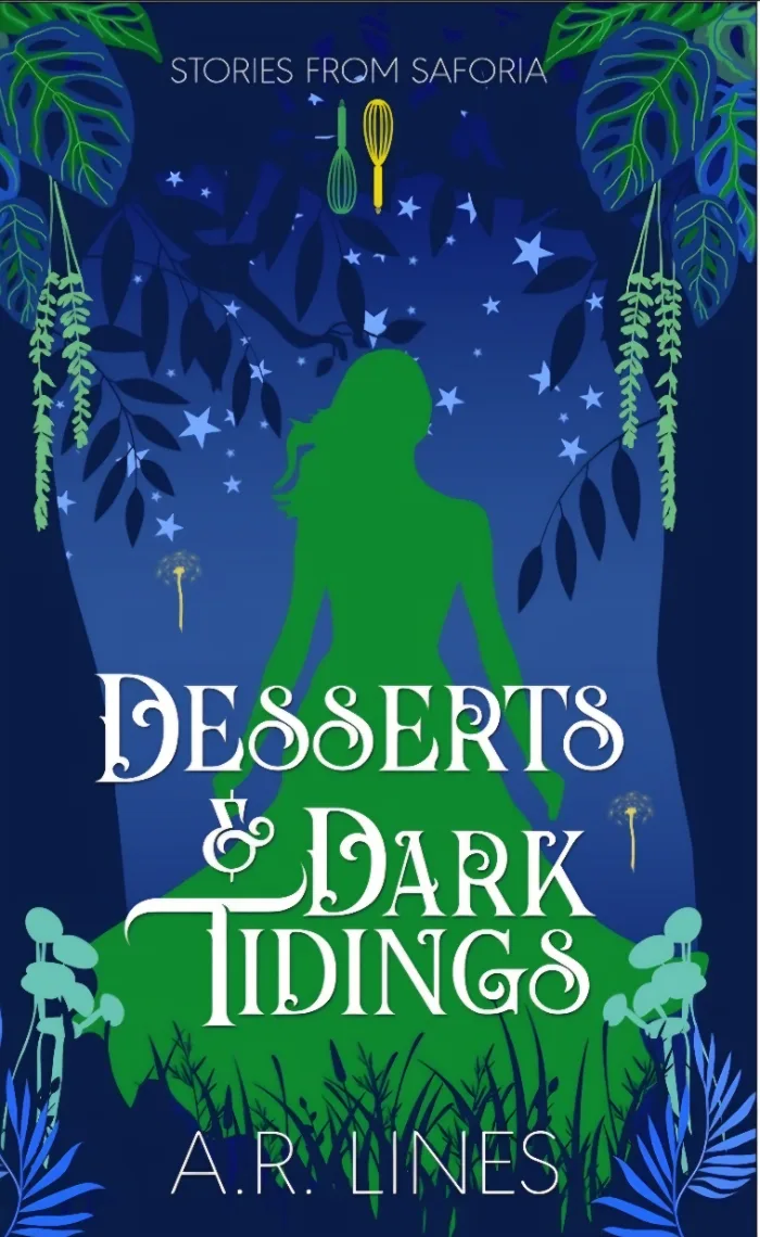 Blue and green background with plants. A woman's silhouette with white letters spelling out the title 'Desserts & Dark Tidings'.