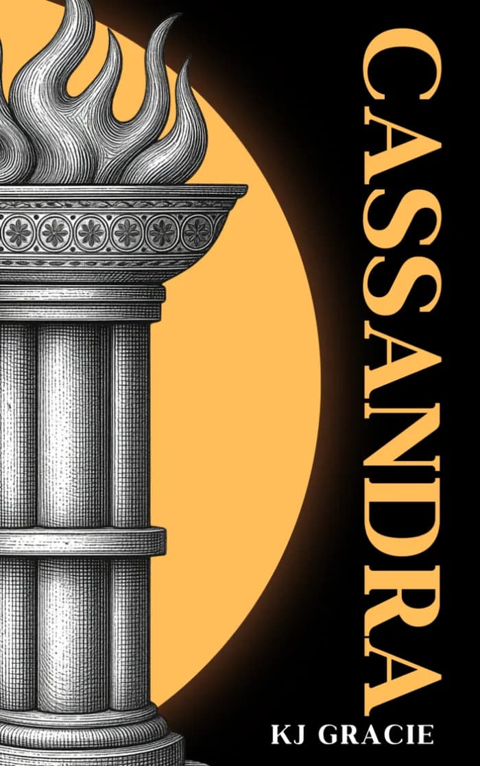 Greek temple altar with flame stands in front of a golden sun.