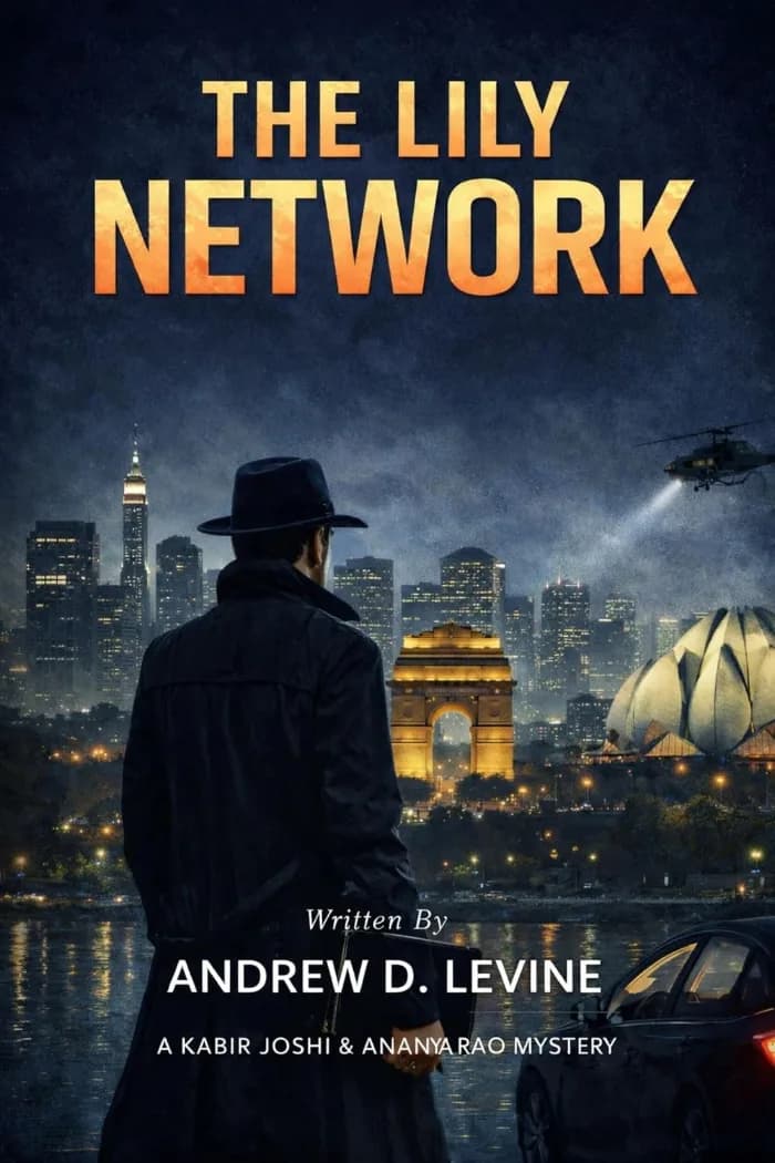 The cover of The Lily Network features a striking white lily against a dark, atmospheric Delhi backdrop, creating a sense of secrecy, danger, and conspiracy. Bold title lettering and the moody Indian setting reflect the novel’s blend of murder mystery, political intrigue, corruption, and contemporar