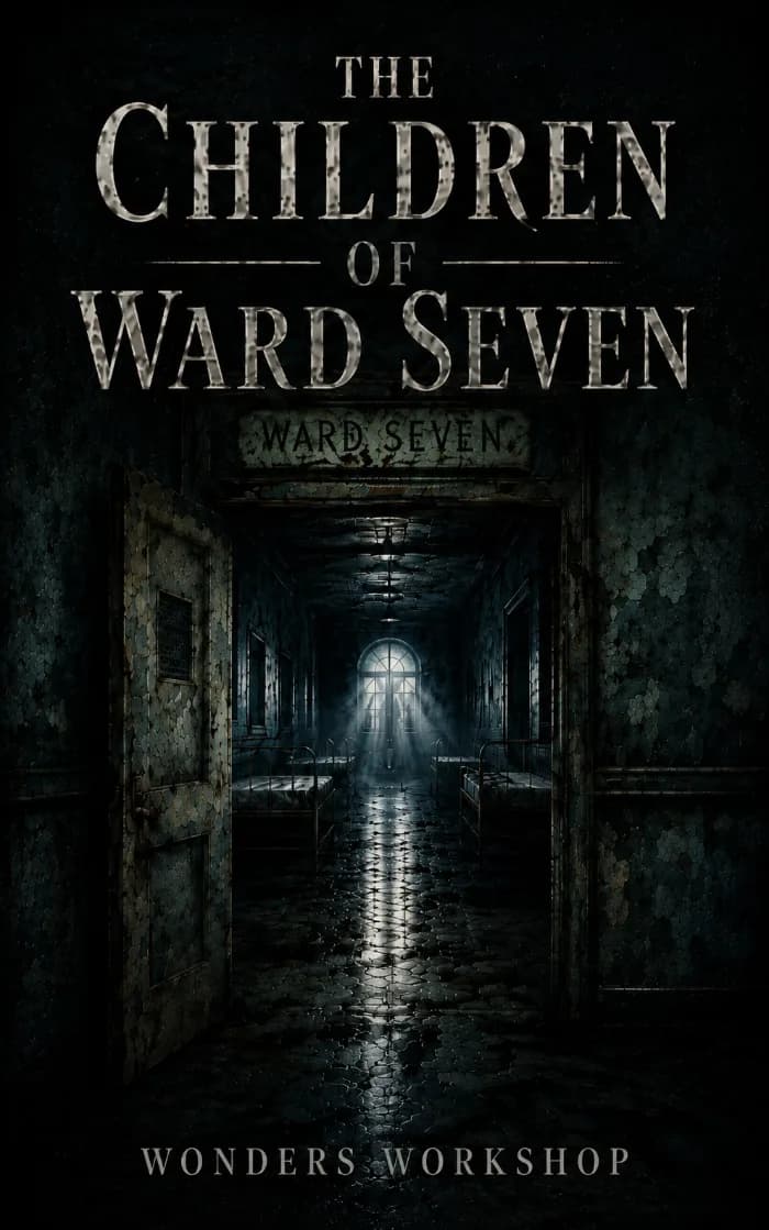 A dark gothic psychological thriller cover featuring an abandoned institutional corridor with clinical doors, observation windows, and deep shadows, suggesting a forgotten pediatric ward. The atmosphere is eerie and unsettling, with visual hints of childhood, erased memories, hidden documents
