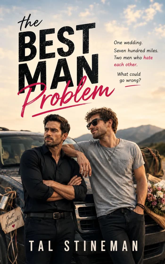 two men leaning on a car. The Best Man Problem, tal stineman, two men, one wedding, what could go wrong? enemies to lovers, road trip, found family.