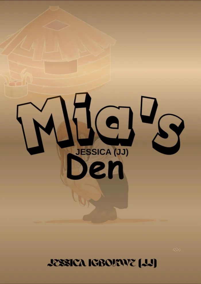 A soft beige background, featuring the title ‘Mia’s Den’ in large, black letters and the author’s name near the bottom, with a distressed girl squatting in the middle.