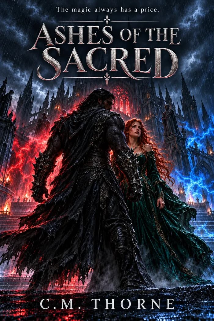 A dark fantasy book cover titled 'Ashes of the Sacred'. The cover features an ornate, dark leather binding with intricate gold filigree, framing an illustration of a dark gothic castle under a shadowy moon. A medieval dagger rests beside the book on a wooden table scattered with ashes and embers.