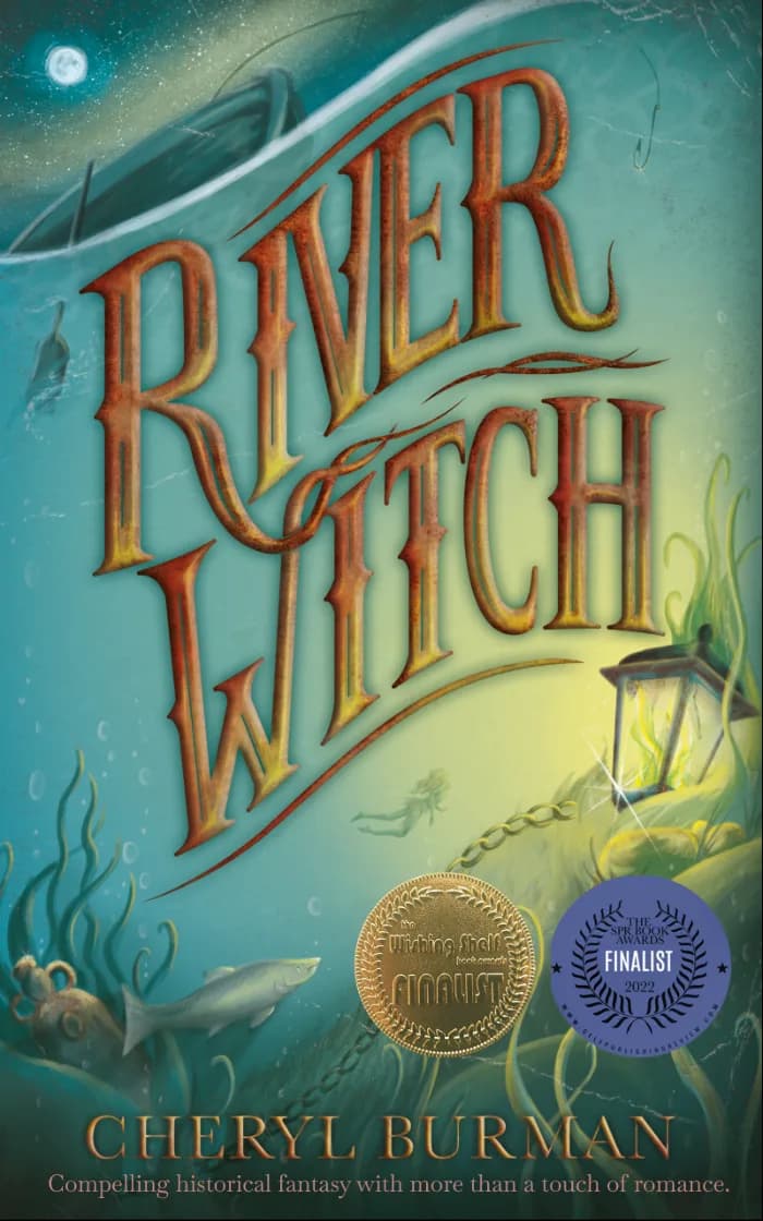 Large title River Witch in deep gold set against an underwater scene with the light from a lantern, tiny river nymph, and wildflowers to represent the herbal, witchy themes. Colours are teals and golds