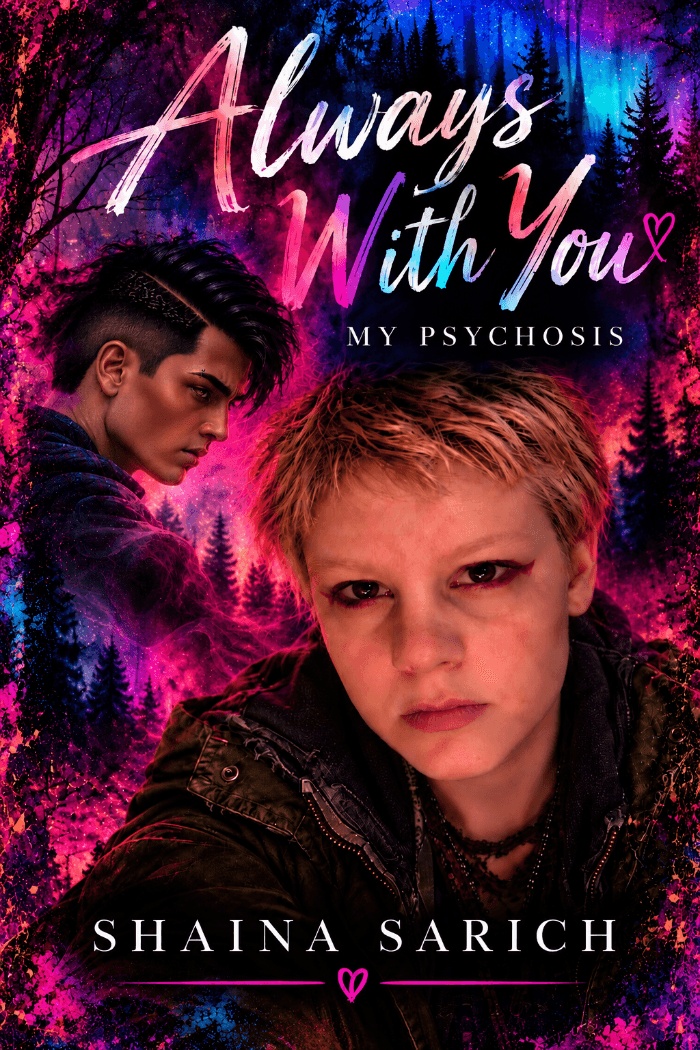 A vivid neon book cover for Always With You: My Psychosis by Shaina Sarich, featuring two portrait faces against a dark forest background with bright pink, blue, and purple lighting. The title appears in glowing handwritten-style lettering across the top.