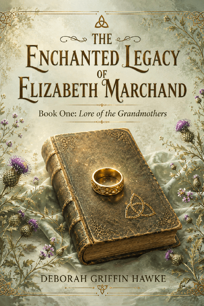 An antique leather grimoire rests on a floral background, with a glowing gold ring on its cover and a Celtic triquetra symbol beneath it. Purple thistles and delicate wildflowers frame the book.
