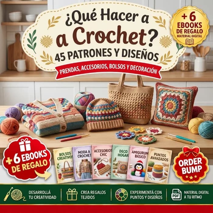 Portada del ebook “¿Qué Hacer a Crochet? | 45 Patrones y Diseños de Ropa, Accesorios, Bolsos y Decoración + 6 Bonus”. Guía digital con 45 patrones e ideas de crochet para crear prendas tejidas, accesorios, bolsos y elementos decorativos hechos a mano. Incluye 6 bonus de regalo para inspirar nuevos p