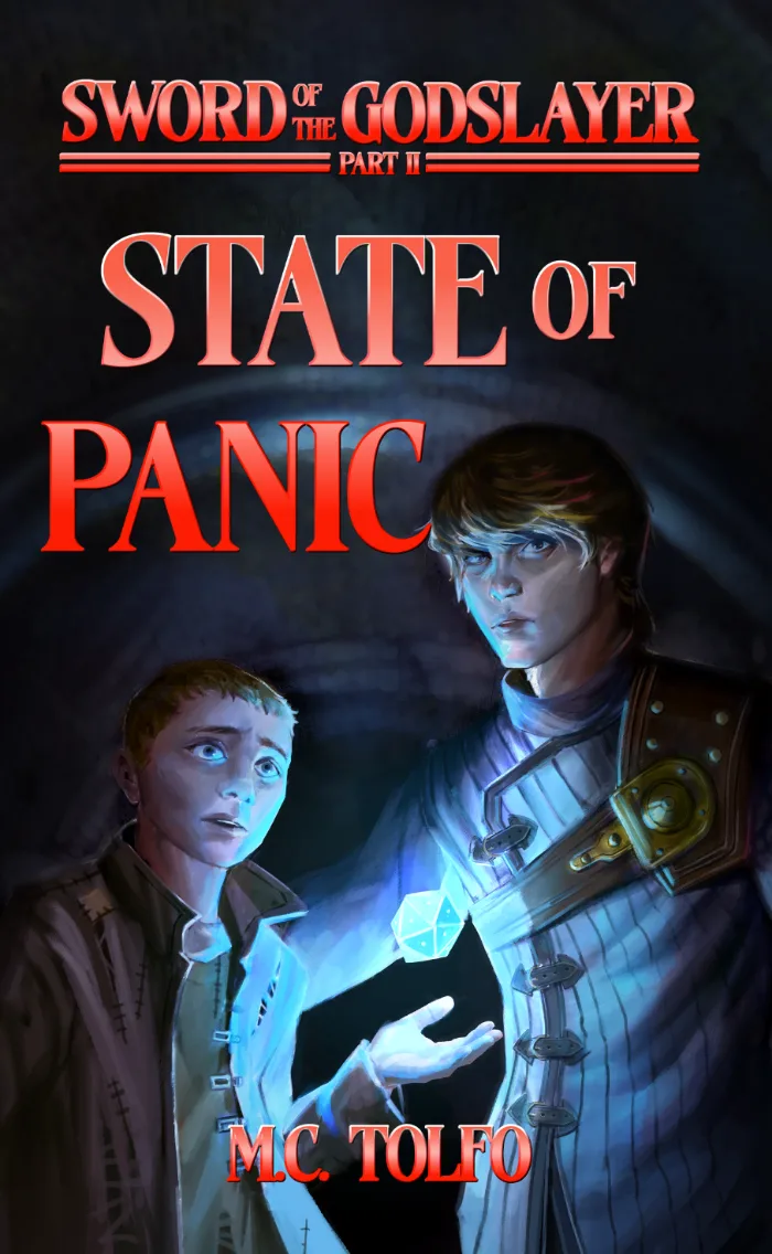A young man and a child standing inside a sewer looking up at something, with the childing holding up a magical glowing stone.