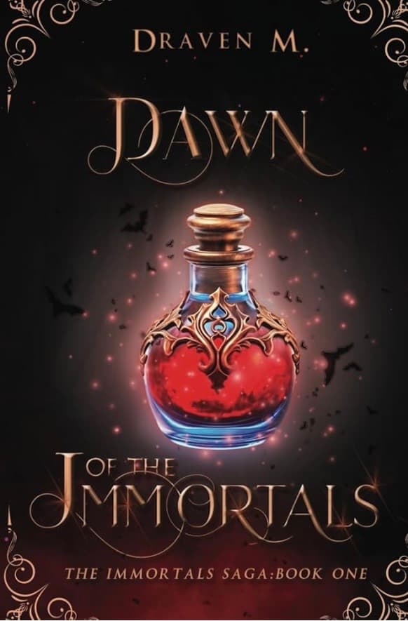 A bottle of a mysterious red liquid(could it be blood?) glows and the image is complete with flying bats, gold lettering for the title, and gold embroidered corners.