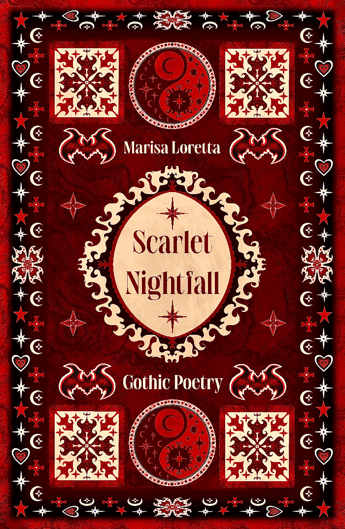 A red and black cover, with highlights of light cream, featuring hearts, bats, stars, and yin yang symbols.