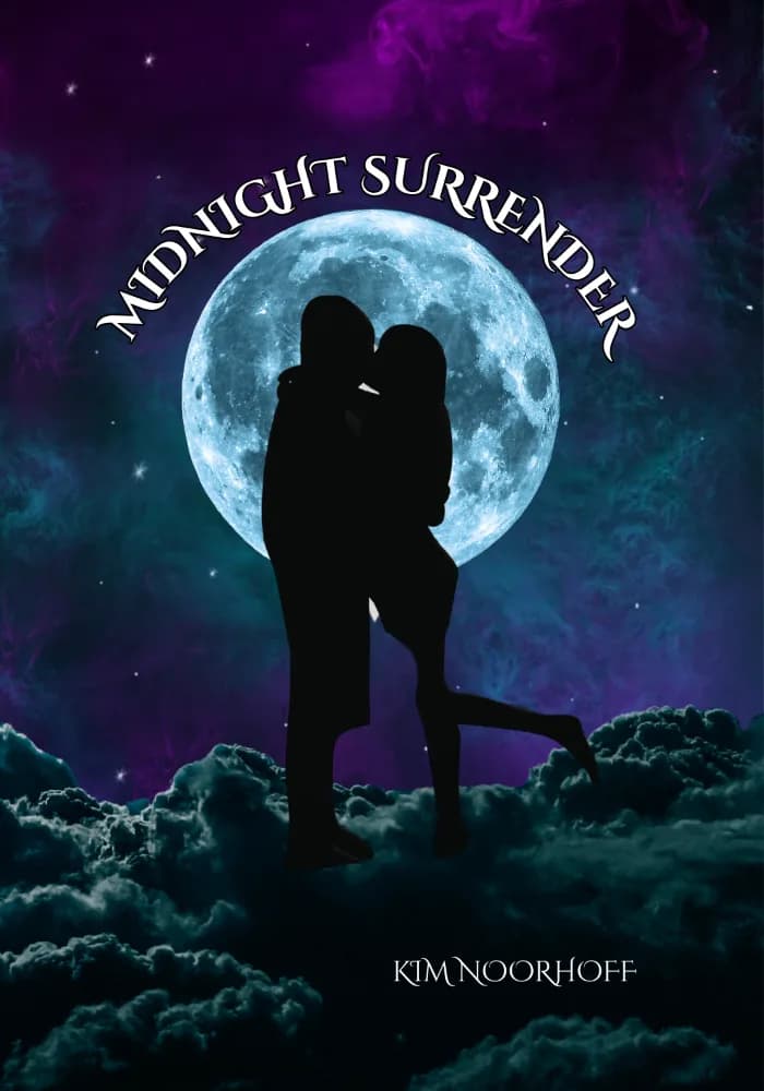 Midnight Surrender by Kim Noorhoff features the silhouettes of a couple embracing beneath a glowing blue full moon. A starry night sky blends deep purple, blue, and teal above swirling clouds.