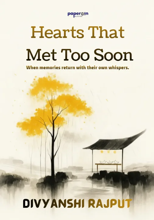 A golden yellow tree stands beside a shelter with a sweeping black roof, with tiny paper boats beneath it. Soft rain, grey rocks, and watery reflections fill the cream background. The title Hearts That Met Too Soon appears above, with Divyanshi Rajput’s name at the bottom.