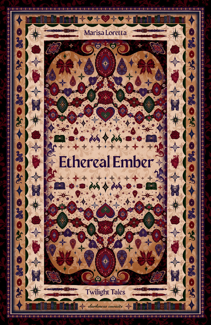 An intricate cover featuring small symbols from hearts and bats, to daggers and gems in a color palette of jewel-toned burgundy, purple, green, on a background of rich browns and beiges.