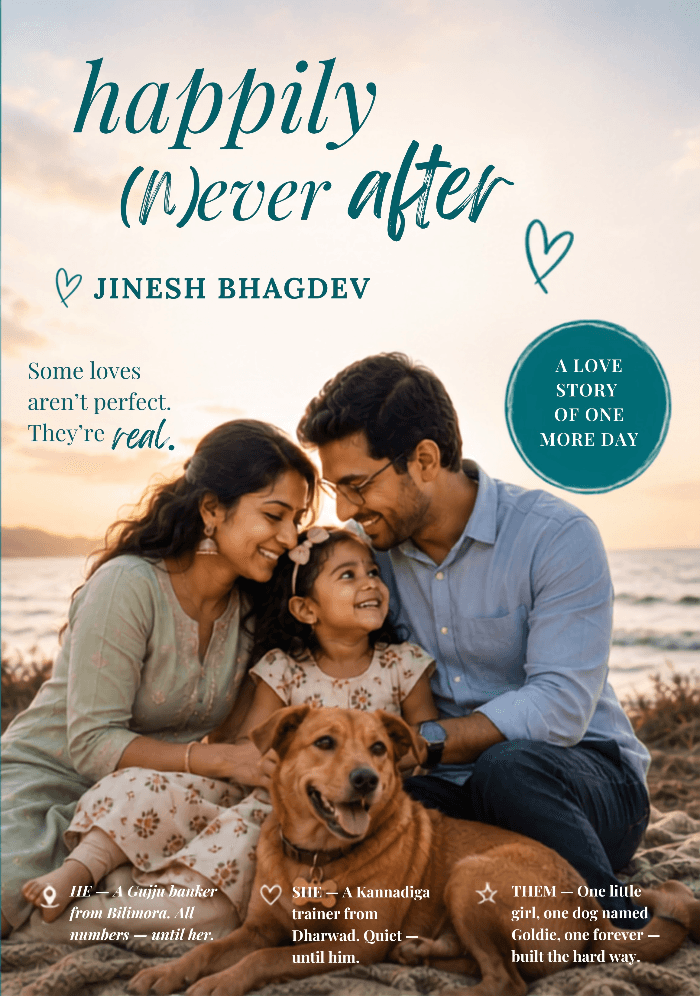 Happily (N)ever After by Jinesh Bhagdev ~ a couple sit close on a beach at sunset, their small daughter leaning between them and a tan dog stretched out in front.