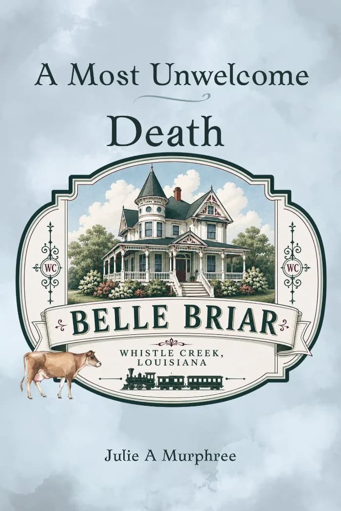 A pale blue book cover featuring an illustrated Southern Victorian house framed by decorative scrollwork, with a cow standing near the Belle Briar sign. Title: A Most Unwelcome Death by Julie A Murphree.