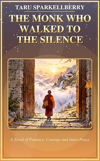 An illustrated book cover featuring a young monk on a mountain journey, symbolising patience, courage, self-discovery, and inner peace.