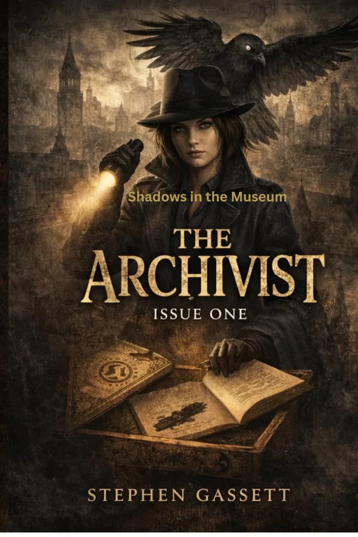 Cover art for The Archivist: Shadows in the Museum, Issue One, a cinematic noir mystery graphic novel by Stephen Gassett.