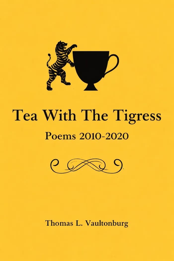 Bright yellow book cover for Tea With the Tigress: Poems 2010–2020 by Thomas L. Vaultonburg, featuring a small black illustration of a tiger near the top, centered black title lettering, and decorative flourishes beneath the title.