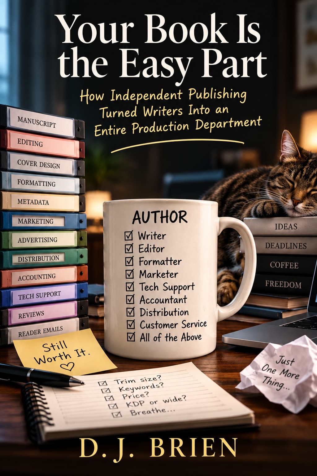 Book cover for Your Book Is the Easy Part by D.J. Brien, showing an overwhelmed independent author’s workspace with stacks of binders labeled for publishing tasks, a large coffee mug listing the many jobs of an author, a sleeping cat, laptop, notebook, sticky notes, scattered words