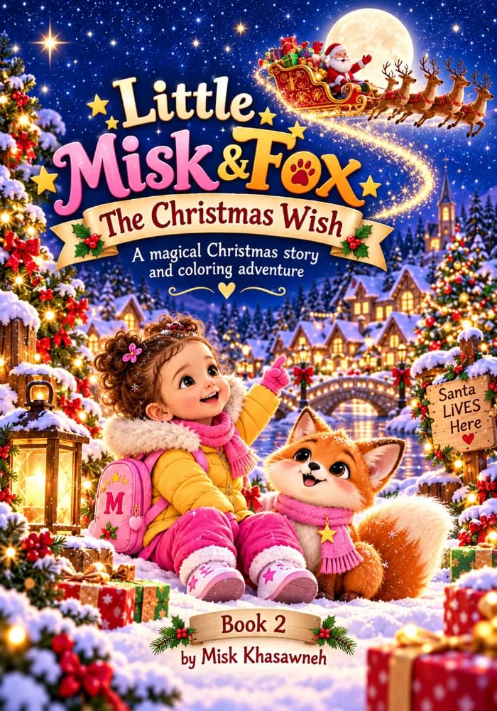 A magical Christmas storybook cover featuring a little girl named Misk and her adorable fox friend in a snowy, festive Christmas setting filled with glowing stars, holiday lights, and Christmas decorations. Titled Little Misk & Fox: The Christmas Wish.