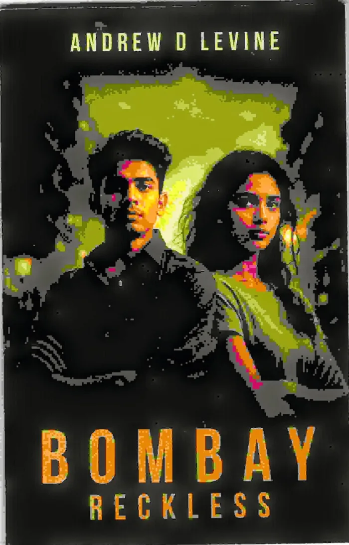 A young Indian man and woman stand back-to-back against a shadowy Bombay skyline. Dark grey, green and orange tones, with weathered lettering, create a tense 1980s Indian noir atmosphere.