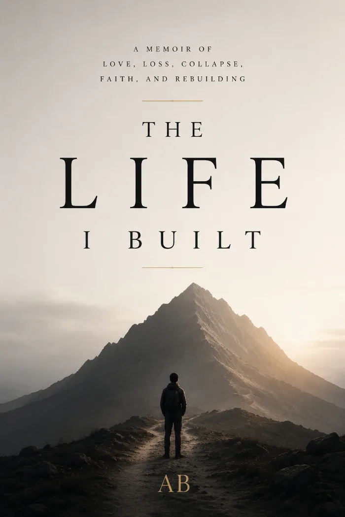 A lone figure walking along a narrow path toward a towering mountain beneath a dark, muted sky, symbolizing solitude, reflection, and the journey of rebuilding a life.