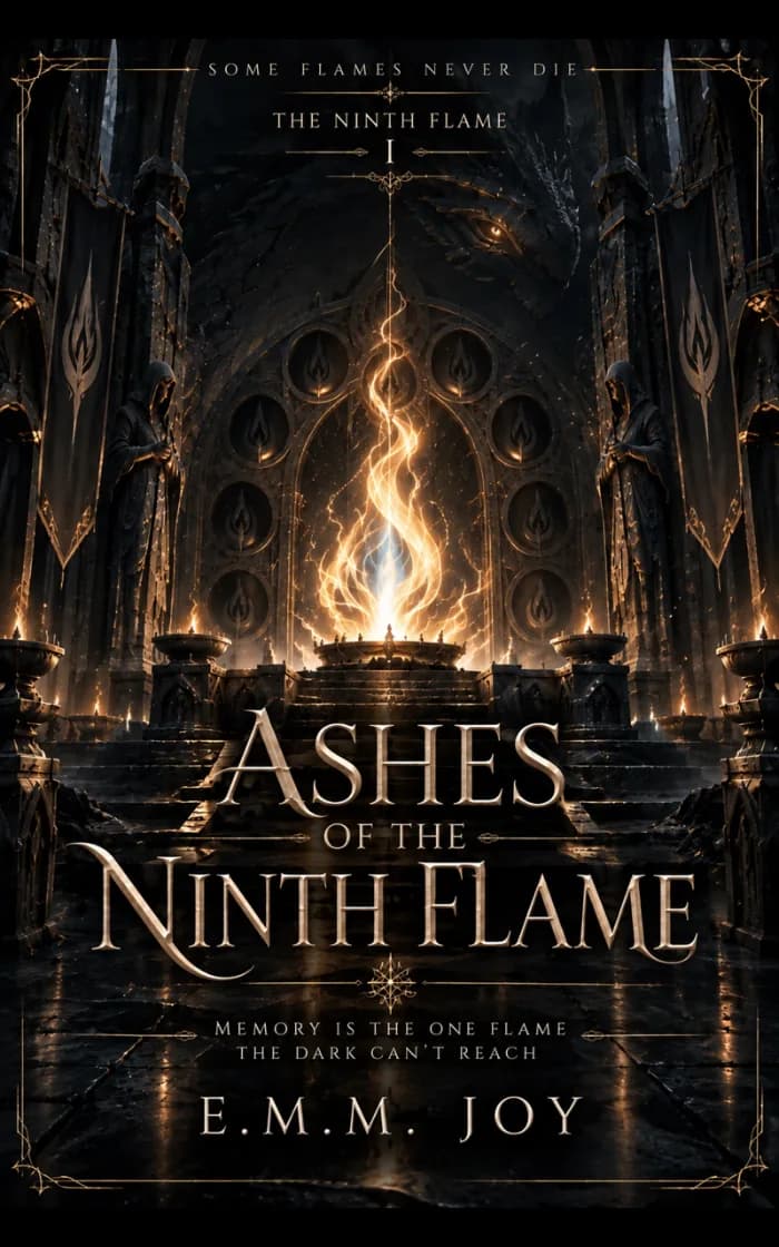 A dark fantasy book cover showing a glowing golden flame within a shadowed ancient hall, framed by ornate architectural details. The title Ashes of the Ninth Flame and author name E.M.M. Joy appear in gold lettering.