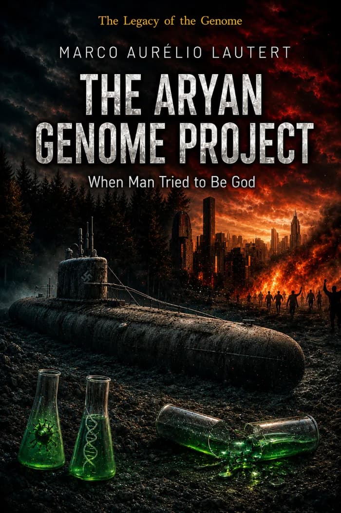 A dark and atmospheric book cover for The Aryan Genome Project, featuring imagery associated with Nazi Germany, World War II, and a sinister scientific conspiracy.