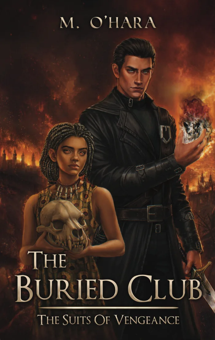 Book cover for THE BURIED CLUB featuring a Black teenage girl and a half-asian man on the front cover. The girl wears a green dress with yellow flowers on the front and holds a hyena skull in front of her. The man, wearing a black leather coat and matching pants, holds a sword in his left hand and a