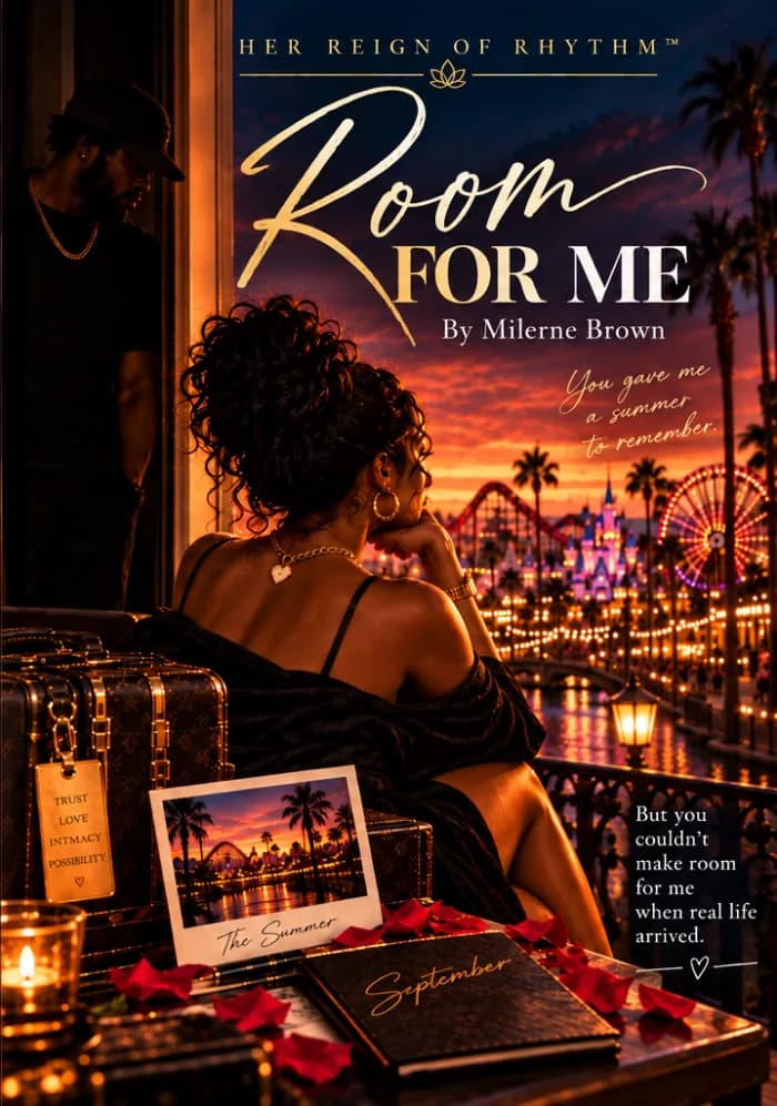 A cinematic sunset book cover showing a Black woman seated beside luggage overlooking a glowing amusement park, while a Black man stands partially in shadow behind her. Rose petals, warm golden lights, a photograph labeled “The Summer,” and a journal labeled “September” surround her. The title “Room
