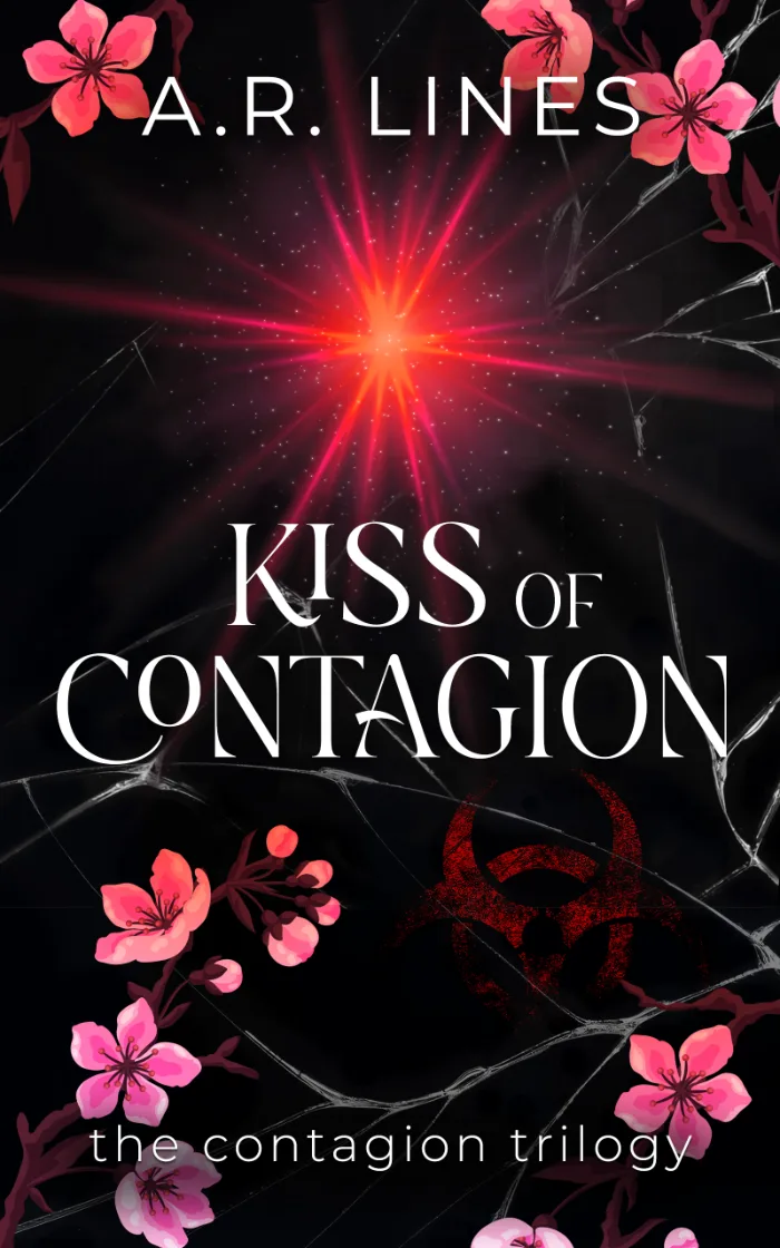 Black cover with pink flowers. Red glowing star in the upper middle. Glass cracks over the cover. Whiter letters depicting the title. A faded biohazard symbol in red.