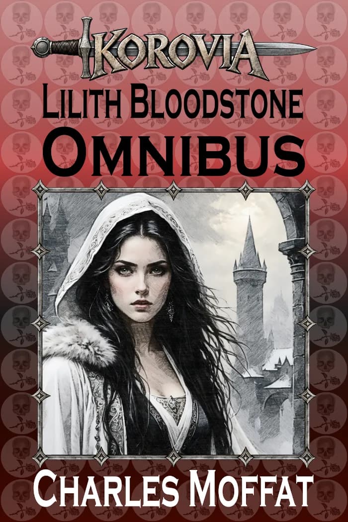 Lilith Bloodstone with a wizard's tower and city in the background.