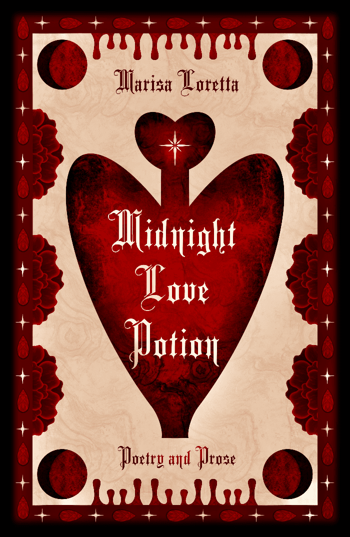 A simple dark red and black love potion with the title (Midnight Love Potion) on top of it, with a light cream background, red and black border, and blood drips on the top and bottom.