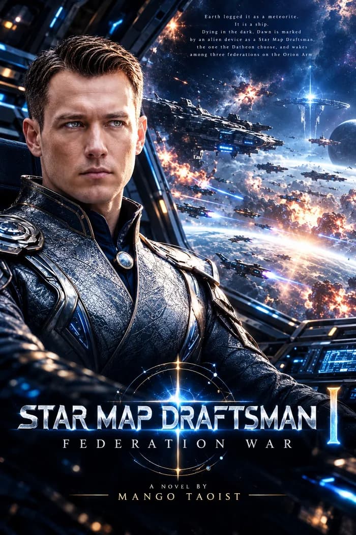 A man in ornate dark armor sits in a spaceship cockpit overlooking a fleet of warships above a planet. Cover title: Star Map Draftsman I, Federation War, a novel by Mango Taoist.