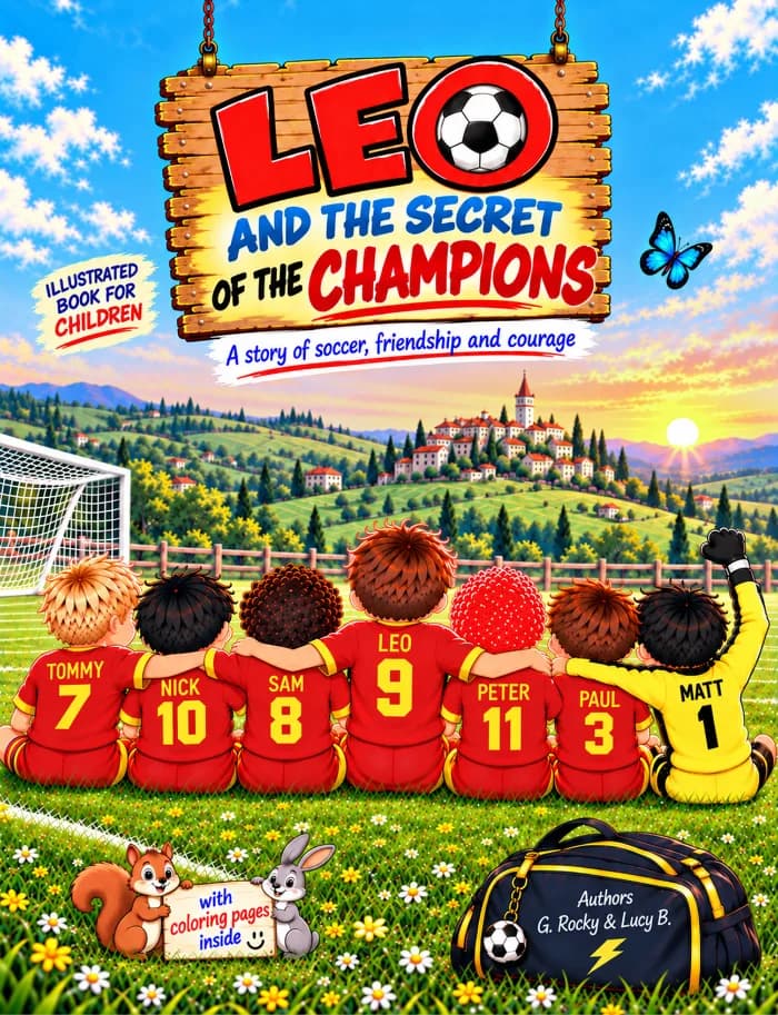Colorful illustrated children's book cover featuring young soccer players in red jerseys on a green field.