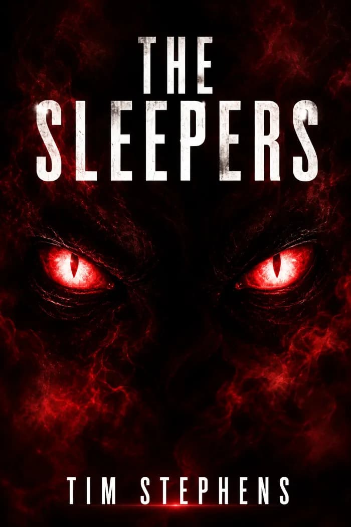 A dark, cinematic book cover featuring a shadowy human face emerging from black and red smoke, with glowing red eyes. The title THE SLEEPERS appears in large white letters across the upper half, and the author name TIM STEPHENS appears at the bottom.