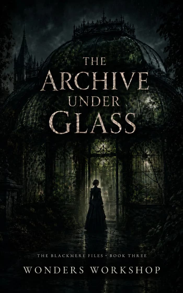 A dark gothic psychological thriller cover featuring a decaying glass conservatory concealing a mysterious archive filled with old files, photographs, letters, recordings, and children's objects. Dark shadows, aged glass, and an unsettling atmosphere evoke hidden memories, erased identities, family