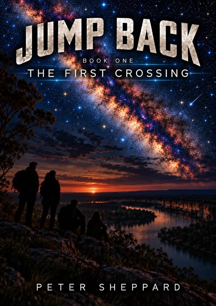 A science fiction book cover showing four figures overlooking an Australian outback river at twilight, beneath a star-filled night sky and the brilliant Milky Way. The title JUMP BACK appears prominently above The First Crossing, with author Peter Sheppard below.